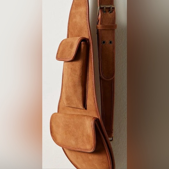 Free People Selena Suede Sling Bag Cognac New Tan Pocket Bag - Picture 5 of 6